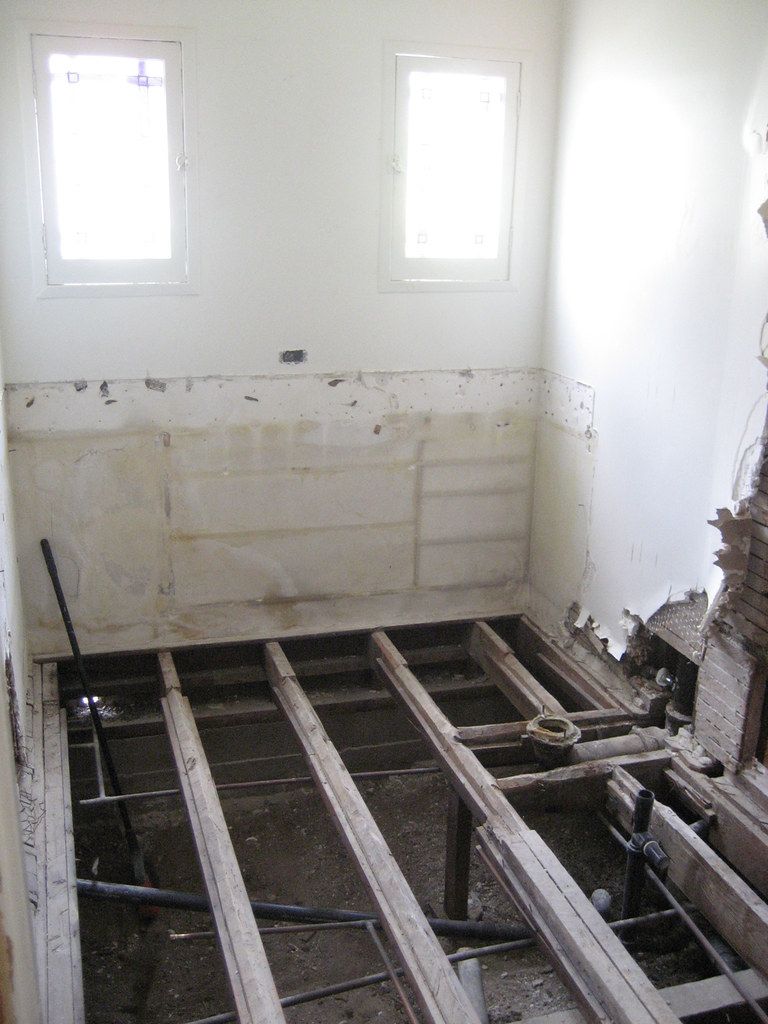 Before: primary bath taken down to the joists, Old Towne Orange